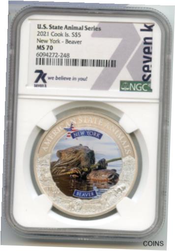 【極美品/品質保証書付】 アンティークコイン コイン 金貨 銀貨 送料無料 2021 New York Beaver 5 Cook Islands NGC MS70 Silver Coin 7K State Animal CA443