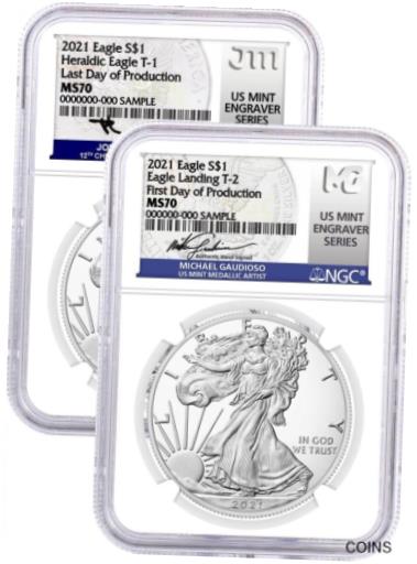  アンティークコイン コイン 金貨 銀貨  2021 $1 Silver Eagle Type 1 Last Day Type 2 First Day 2 Coin Set NGC MS70