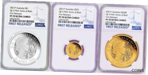 【極美品/品質保証書付】 アンティークコイン 2021 QUEEN ELIZABETH 95th Birthday Silver+GOLD 3-Coin Set $1/$25/$200 NGC PF70 F [送料無料] #cct-wr-012168-8235