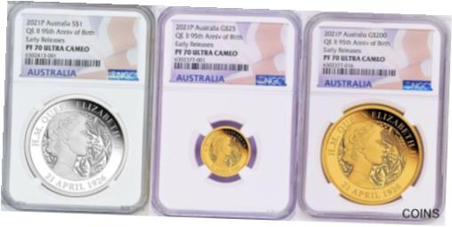 【極美品/品質保証書付】 アンティークコイン 2021 QUEEN ELIZABETH 95th Birthday Silver+GOLD 3-Coin Set $1/$25/$200 NGC PF70 [送料無料] #cct-wr-012168-8242