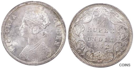  アンティークコイン コイン 金貨 銀貨  1862, India (British), Queen Victoria. Nice Silver 1/4 Rupee Coin. PCGS MS-64!