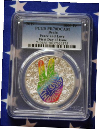【極美品/品質保証書付】 アンティークコイン コイン 金貨 銀貨 [送料無料] 2019 1000 Francs Benin Peace & Love 1 oz. .999 Silver Coin PCGS PR70DCAM COA+Box