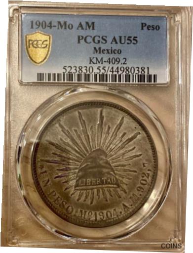 楽天金銀プラチナ　ワールドリソース【極美品/品質保証書付】 アンティークコイン コイン 金貨 銀貨 [送料無料] Mexico 1904 Mo AM Silver Peso PCGS AU-55