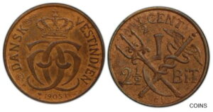 PCGS MS-63 D.W.I.デンマーク西インド諸島 1/2 セント 2-1/2 ビット 1905 (鋳造数: 190,000)PCGS MS-63 D.W.I. DANISH WEST INDIES 1/2 CENT 2-1/2 BIT 1905 (MINTAGE: 190,000)