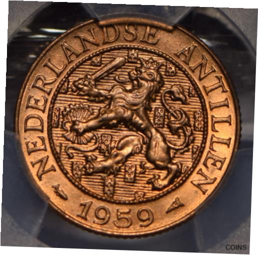 楽天金銀プラチナ　ワールドリソース【極美品/品質保証書付】 アンティークコイン コイン 金貨 銀貨 [送料無料] Netherlands Antilles 1959 2 1/2 Cents Lion animal PCGS MS65RD rare in red PC0834