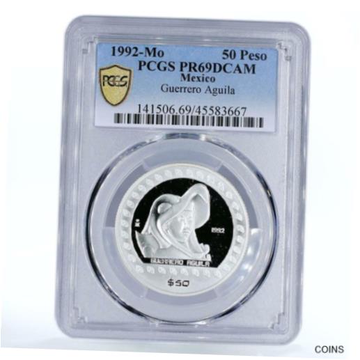 【極美品/品質保証書付】 アンティークコイン コイン 金貨 銀貨 [送料無料] Mexico 50 pesos Guererro Aguila Eagle Warrior PR69 PCGS silver coin 1992 1