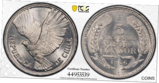 ڶ/ʼݾڽա ƥ    [̵] 1956 So Chile 5 Pesos Half Condor PCGS MS66 Top Pop 1/0 Finest Known Beauty 1792