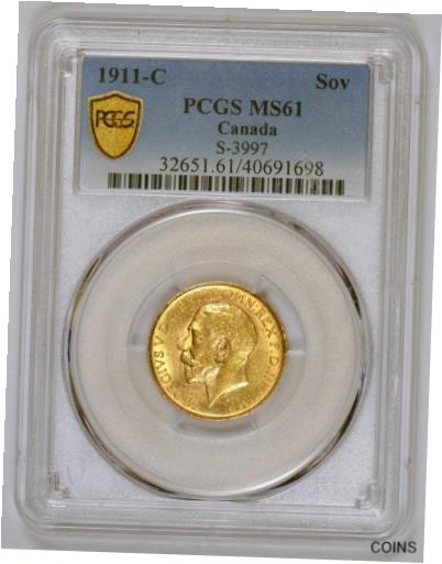 yɔi/iۏ؏tz AeB[NRC RC   [] **SCARCE** 1911-C Canada Gold Sovereign Coin with George V, Graded MS61 by PCGS