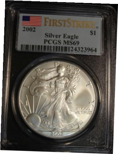  アンティークコイン コイン 金貨 銀貨  2002 $1 American Silver Eagle 1 oz PCGS MS69 FirstStrike Flag Label