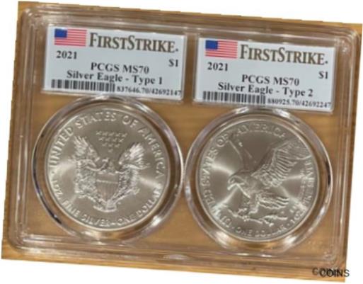  アンティークコイン コイン 金貨 銀貨  2021 $1 Silver Eagle 2-coin Set PCGS FIRST STRIKE MS70 Dual Encapsulation!!