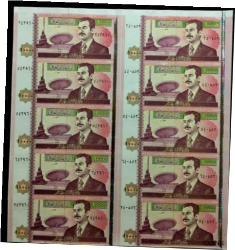 yɔi/iۏ؏tz AeB[NRC RC   [] IRAQ 10,000 10000 Dinars IQD 2002 P-89 UNC Uncut Sheet of 10 Pcs Banknote Saddam