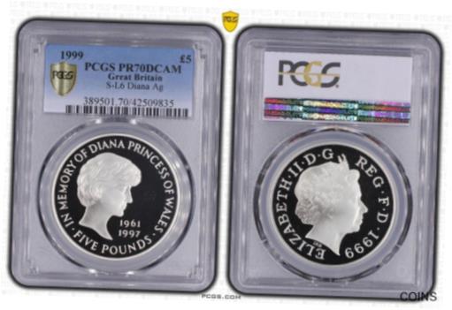 【極美品/品質保証書付】 アンティークコイン 銀貨 1999 Royal Mint Lady Diana ?5 Five Pound Silver Proof Coin PCGS PR70 DCAM [送料無料] #sct-wr-012377-3016
