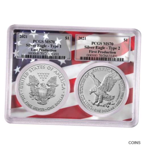 ڶ/ʼݾڽա ƥ    [̵] 2021 $1 T1 and T2 Silver Eagle Set PCGS MS70 First and Last Production Flag Fram