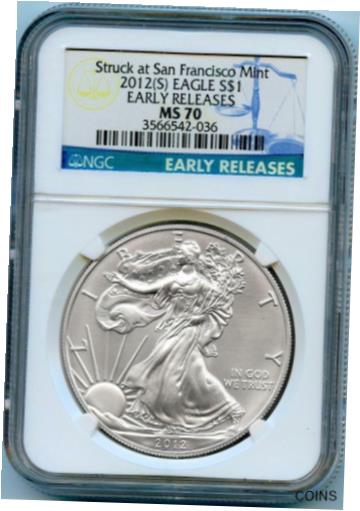 【極美品/品質保証書付】 アンティークコイン 銀貨 2012 (S) American Silver Eagle Dollar in Early Releases NGC MS 70 [送料無料] #sot-wr-012472-2915