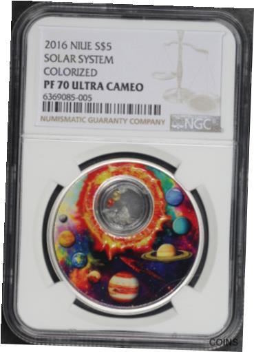  アンティークコイン コイン 金貨 銀貨  2016 Niue $5 Silver Solar System Colorized with Meteorite Glass NGC PF-70 UC