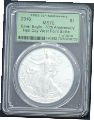 【極美品/品質保証書付】 アンティークコイン コイン 金貨 銀貨 [送料無料] 2016 Silver Eagle $1 Coin MS 70 PCGS First Day West Point 1 of 2016 Green Label
