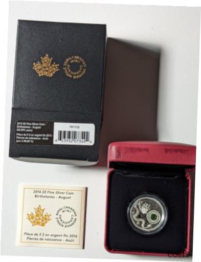 【極美品/品質保証書付】 アンティークコイン コイン 金貨 銀貨 送料無料 2016 Canada RCM 5 Fine Silver Birthstone coin Swarovski Crystal August Peridot
