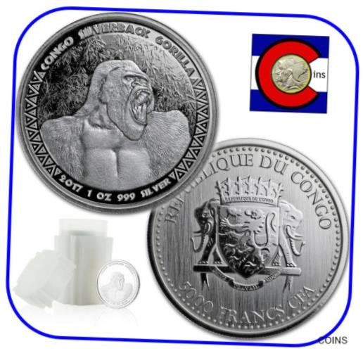 【極美品/品質保証書付】 アンティークコイン コイン 金貨 銀貨 [送料無料] 2017 Congo Prooflike Silverback Gorilla 1 oz Silver Coin - roll/tube of 20