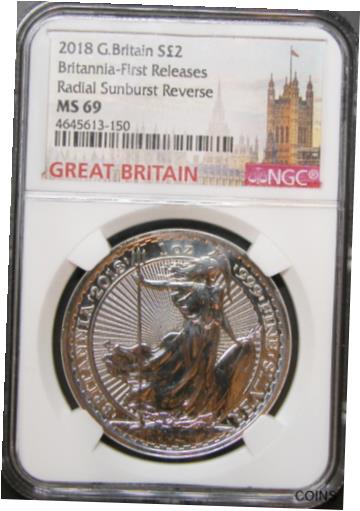 yɔi/iۏ؏tz AeB[NRC RC   [] 2018 G. Britain 1 Oz Britannia-First Releases Radial Sunburst Reverse NGC MS69