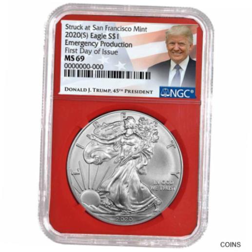 【極美品/品質保証書付】 アンティークコイン コイン 金貨 銀貨 送料無料 2020 (S) 1 American Silver Eagle NGC MS69 Emergency Production Trump FDI Label