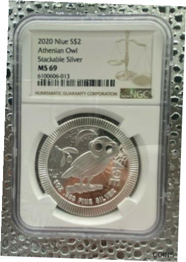  アンティークコイン コイン 金貨 銀貨  2020 1oz Silver Coin 0.999 Niue Two Dollars Athenian Owl NGC MS69 LOC3R