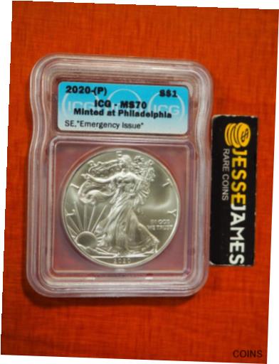 【極美品/品質保証書付】 アンティークコイン 銀貨 2020 (P) SILVER EAGLE ICG MS70 EMERGENCY ISSUE STRUCK AT PHILADELPHIA MINT LABEL [送料無料] #sof-wr-012519-539