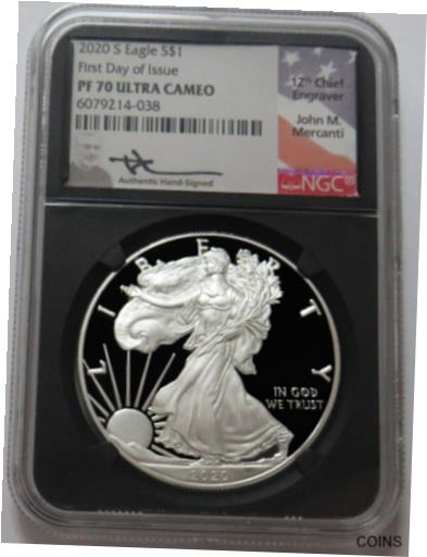  アンティークコイン コイン 金貨 銀貨  2020 S AMERICAN SILVER EAGLE $1 MERCANTI NGC PF 70 UC FIRST DAY OF ISSUE FDOI