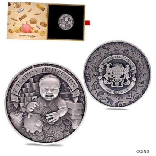  アンティークコイン コイン 金貨 銀貨  2022 Chad 2 oz Silver Inflation Protection Antiqued High Relief Coin .999 w/Box