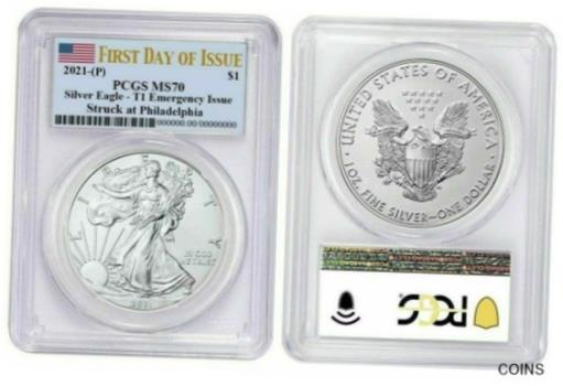 ڶ/ʼݾڽա ƥ    [̵] 2021 P SILVER EAGLE $1 EMERGENCY ISSUE T1 PCGS MS70 FIRST DAY OF ISSUE FLAG E39