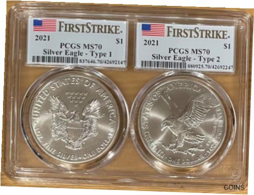  アンティークコイン コイン 金貨 銀貨  2021 $1 Silver Eagle 2-coin Set PCGS FIRST STRIKE MS70 Dual Encapsulation!!