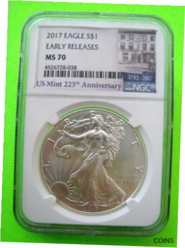 【極美品/品質保証書付】 アンティークコイン コイン 金貨 銀貨 [送料無料] 2017 AMERICAN SILVER EAGLE NGC MS70 EARLY RELEASES - 225th ANNIV LABEL 1oz Coin 1