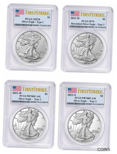 ڶ/ʼݾڽա ƥ    [̵] 2021 $1 American Silver Eagle Type-2 PCGS MS70 SP70 PR70 FS Flag - 4 Coin Set