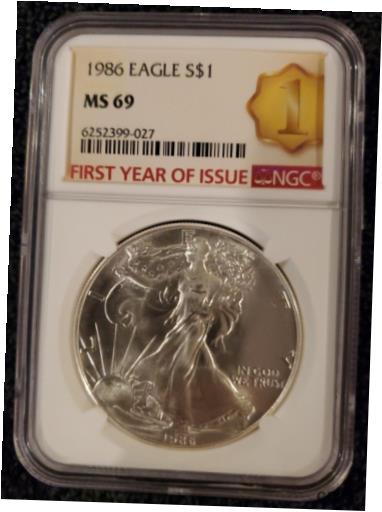  アンティークコイン コイン 金貨 銀貨  1986 NGC MS69 FIRST YEAR OF ISSUE SILVER EAGLE YELLOW "1" LABEL DISTINCTIVE S $1