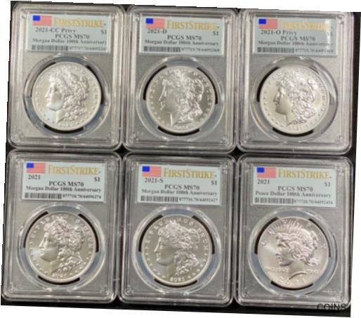 【極美品/品質保証書付】 アンティークコイン 硬貨 2021 Morgan and Peace Dollar 6 Coin Set PCGS MS 70 First Strike Flag Label OGP [送料無料] #oct-wr-012955-2581