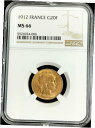 1912 フランス ゴールド 20 フラン ルースター コイン NGC 造幣局 66 1912 GOLD FRANCE 20 FRANCS ROOSTER CO...