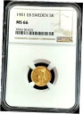 1901 EB ゴールド スウェーデン 5 クローナ コイン オスカー II NGC ミント ステート 66 1901 EB GOLD SWEDEN 5 KRO...