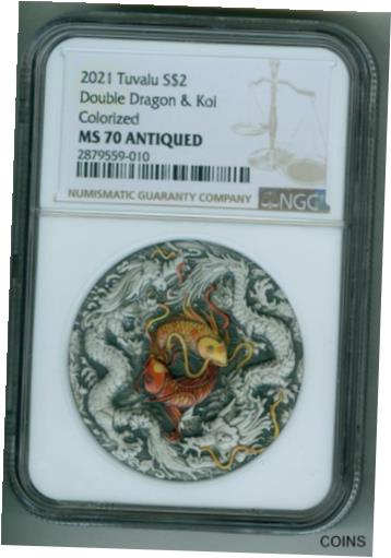  アンティークコイン コイン 金貨 銀貨  TUVALU 2021 $2 DOUBLE DRAGON & KOI COLORIZED 2 OZ. .9999 SILVER NGC MS-70 ANTIQU