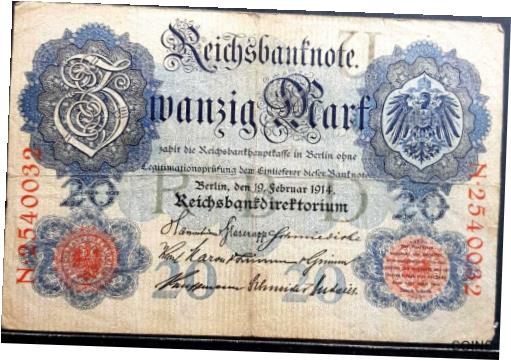 1914 ǯ ɥ 20 ޥ륯ʾ F (̵ 1 ʾ) #D3200 1914 Germany 20 Mark Bank Note ...