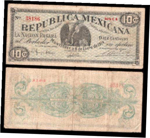  アンティークコイン 硬貨 Mexico, 10 Centavos Division del Bravo, Monterrey, 1914. M3320. VG+  #oof-wr-013355-1435