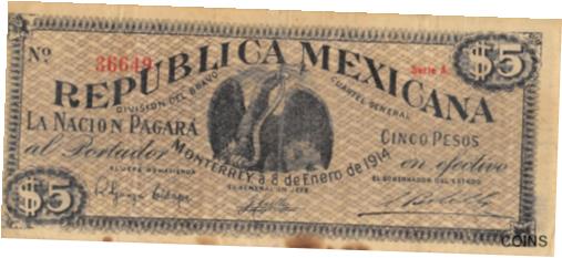  アンティークコイン コイン 金貨 銀貨  Mexico / Monterrey $5 Pesos 8.1.1914 Series A. Circulated Banknote G35