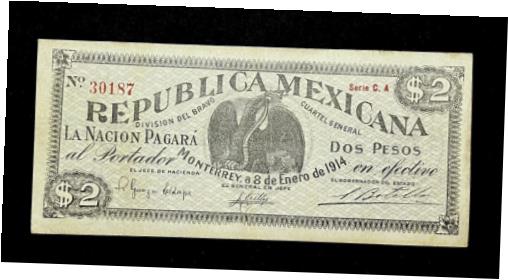  アンティークコイン コイン 金貨 銀貨  1914 Mexico Banknotes $2 Pesos Division Bravo Revolutionary Money Monterrey Bill