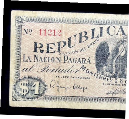  アンティークコイン コイン 金貨 銀貨  1914 Mexico Banknotes $1 Peso Division Bravo Revolutionary Monterrey Paper Money