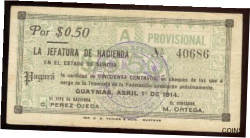  アンティークコイン コイン 金貨 銀貨  Mexico S-1056b; M3808b Jefatura de Hacienda 50 ctvs Prov. A, 1.4.1914 EF+