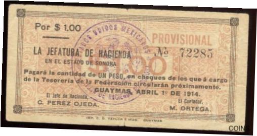  アンティークコイン コイン 金貨 銀貨  Mexico S-1057c; M3809a Jefatura de Hacienda $1 Prov, 1.4.1914 F/VF