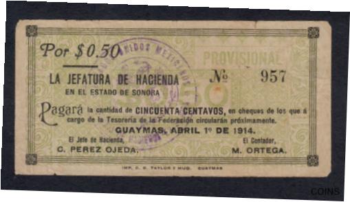  アンティークコイン コイン 金貨 銀貨  MEXICO 50 CENTAVOS 1914 LA JEFATURA DE HACIENDA GUAYMAS PICK # S1056 VF.