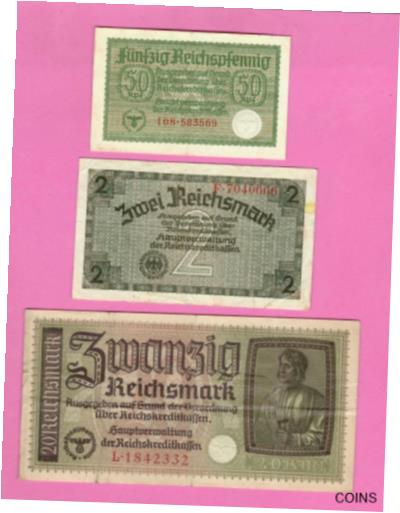 ڶ/ʼݾڽա ƥ    [̵] GERMANY LATVIA LOT OF 3 BANKNOTES 0.50, 2, 20 RM 1940-45 EAGLE W/H SWASTIKA 1914