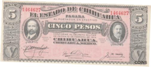 【極美品/品質保証書付】 アンティークコイン コイン 金貨 銀貨 [送料無料] Mexico: 5 Pesos El Estado de Chihuahua SEAL of Sonora Feb 10, 1914 UNC. 1