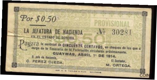  アンティークコイン コイン 金貨 銀貨  Mexico S-1056a; M3808a Jefatura de Hacienda 50 ctvs Prov, 1.4.1914 VF+