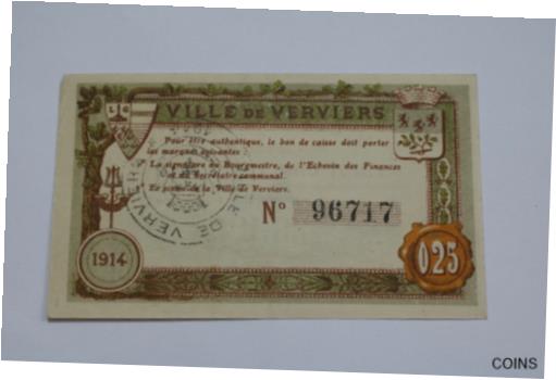 【極美品/品質保証書付】 アンティークコイン コイン 金貨 銀貨 送料無料 BANKNOTE BELGIUM 25 CENTIMES 1914 VERVIERS B21 BEL4