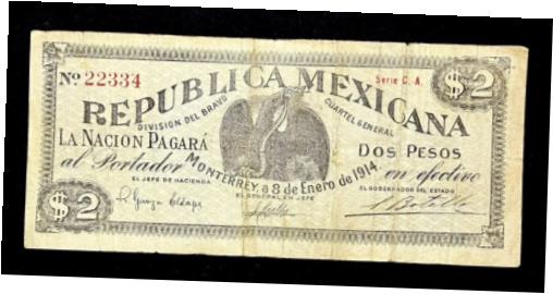  アンティークコイン コイン 金貨 銀貨  1914 Mexico Banknotes 2 Pesos Division Del Bravo Revolutionary Money Monterrey Z